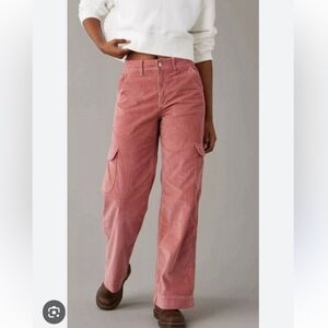 American Eagle Super High-Rise Baggy Wide Leg Cargo Corduroy Pants in Pink